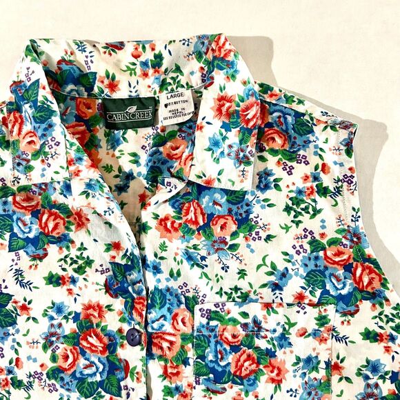 vtg 90s Sleeveless Floral Button Up Collared 100% Cotton Shirt, sz L, - Picture 5 of 5